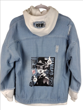 Anime Hanako-kun Series Blue Light Wash Distressed Button Up Hoodie Jean Jacket